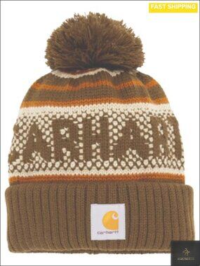 Carhartt Cuffed Beanie Stretchable Rib-Knit Pom-Pom Winter Hat